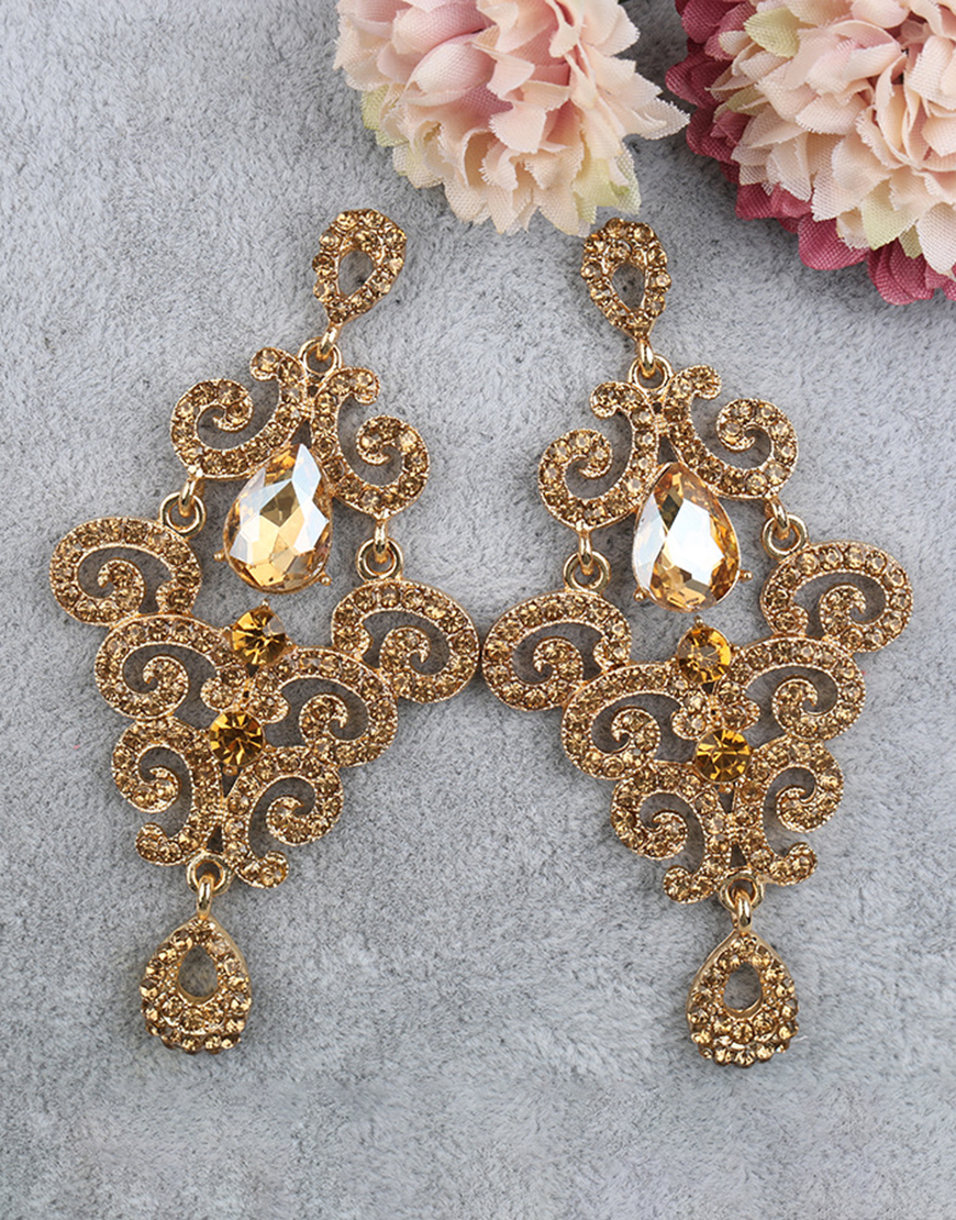 Gold Sparkly Rhinestones Prom Drop Earrings