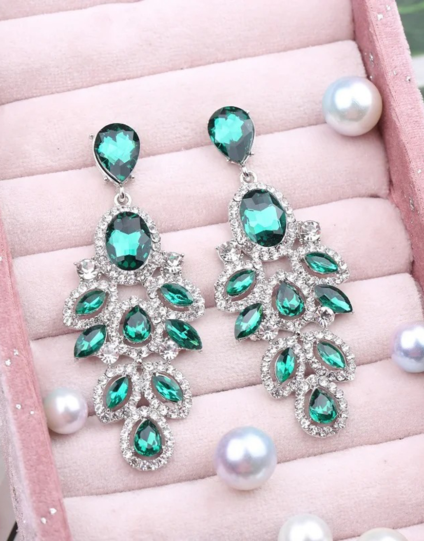 Sparkly Golden Leaf Shaped Prom Drop Earrings with Rhinestones