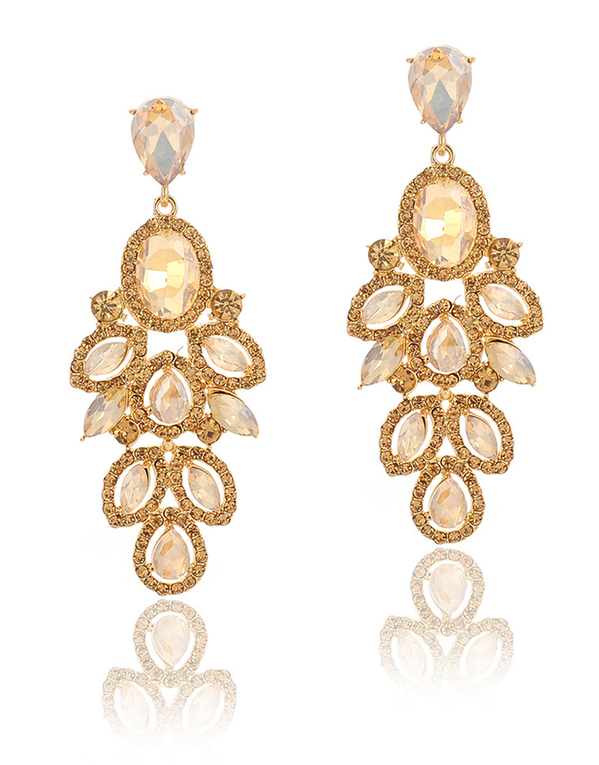 Sparkly Golden Leaf Shaped Prom Drop Earrings with Rhinestones
