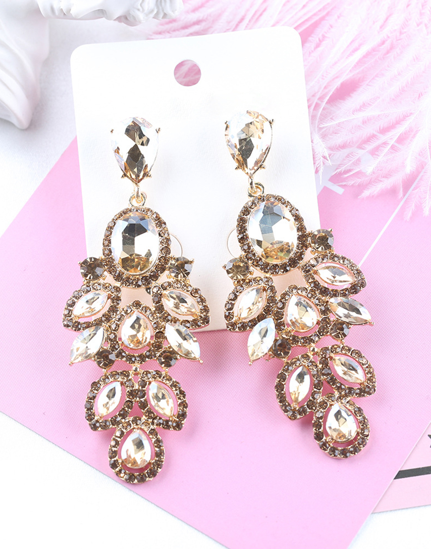 Sparkly Golden Leaf Shaped Prom Drop Earrings with Rhinestones