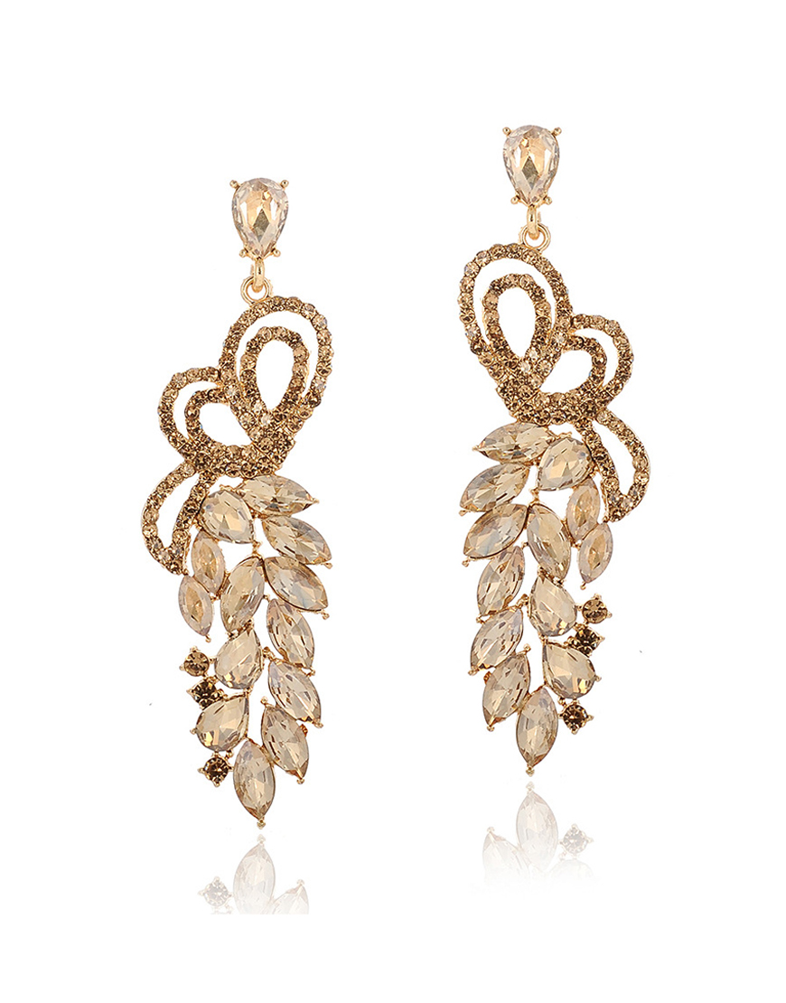 Sparkly Golden Leaf Shaped Rhinestones Party Drop Earrings