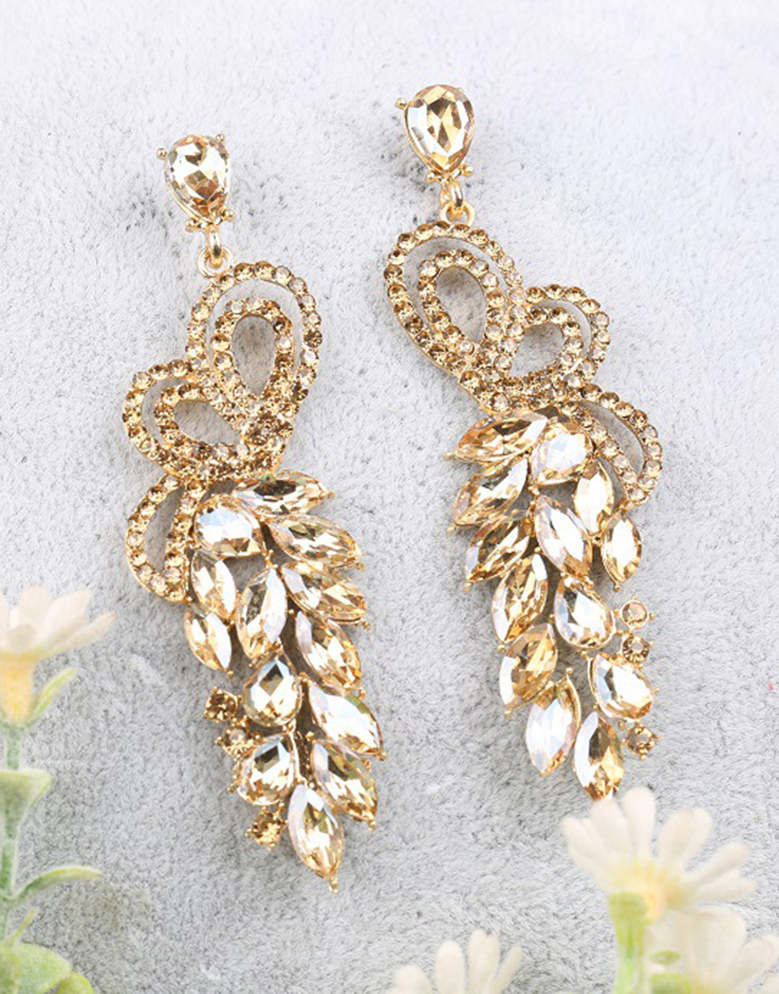 Sparkly Golden Leaf Shaped Rhinestones Party Drop Earrings