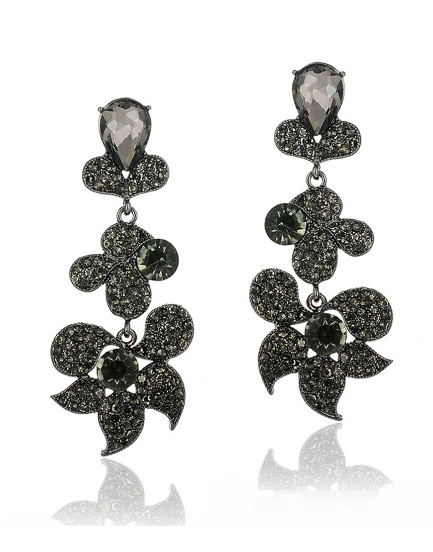 Sparkly Black Flower Shaped Prom Drop Earrings with Rhinestones