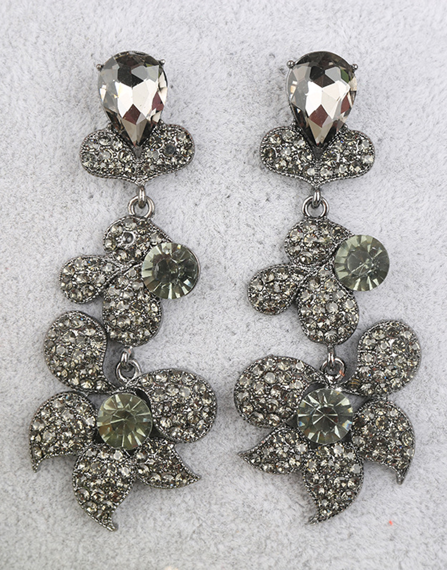 Sparkly Black Flower Shaped Prom Drop Earrings with Rhinestones