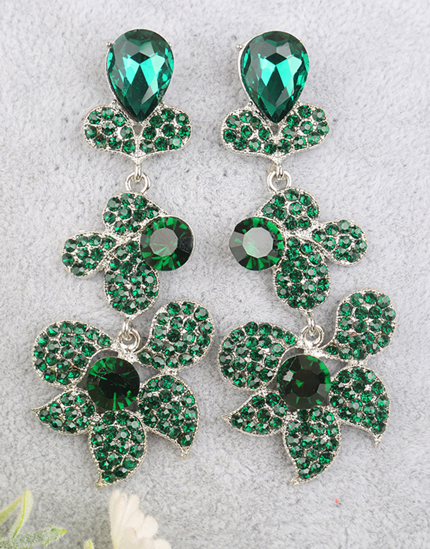 Sparkly Black Flower Shaped Prom Drop Earrings with Rhinestones