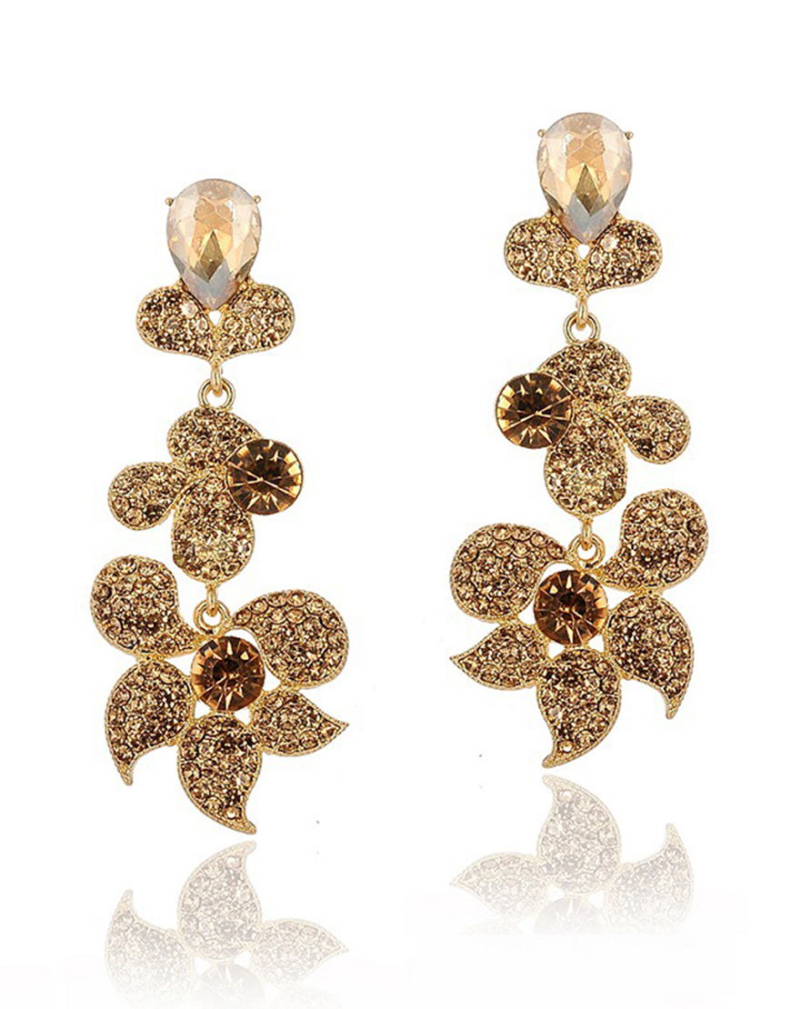 Sparkly Black Flower Shaped Prom Drop Earrings with Rhinestones