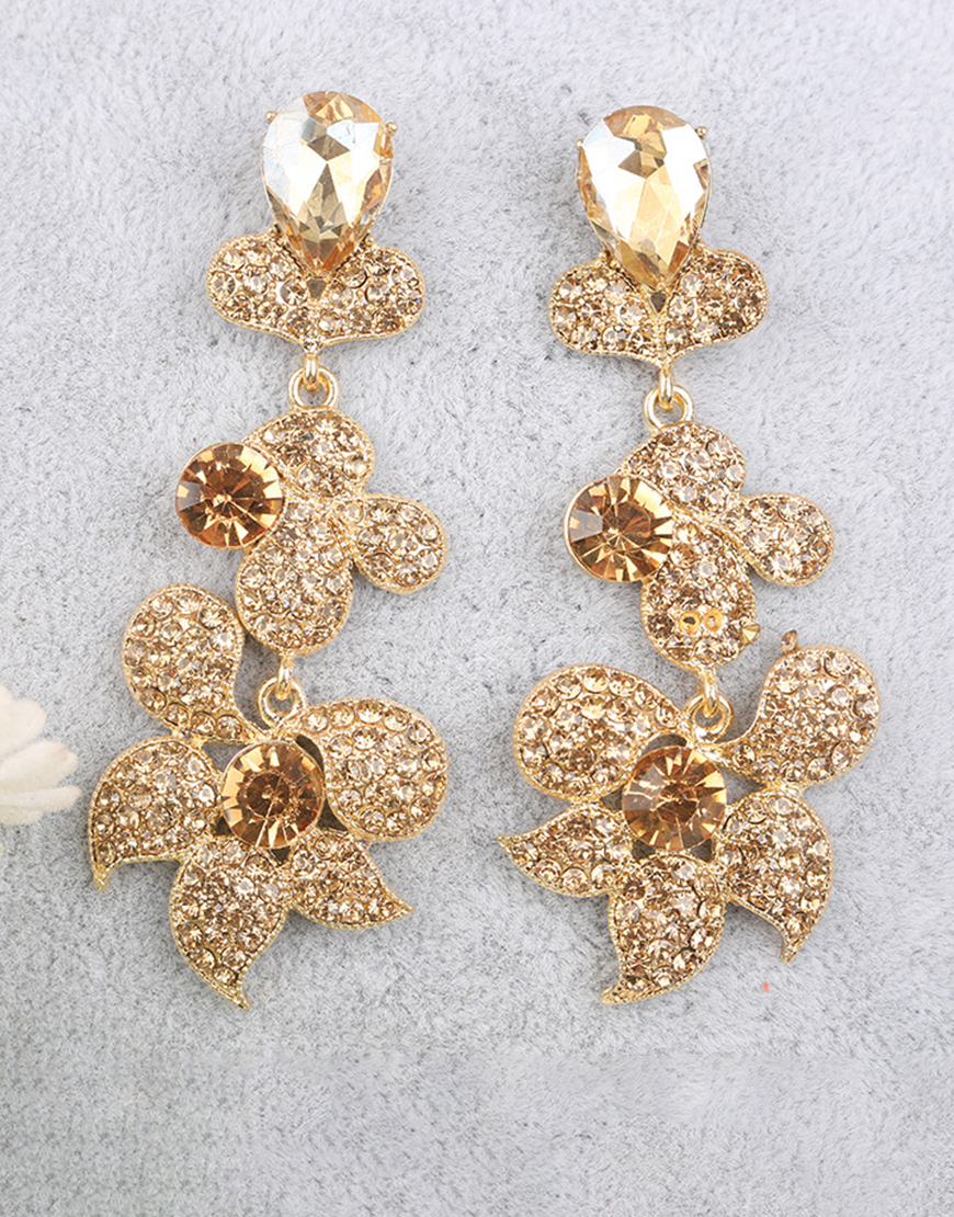 Sparkly Black Flower Shaped Prom Drop Earrings with Rhinestones