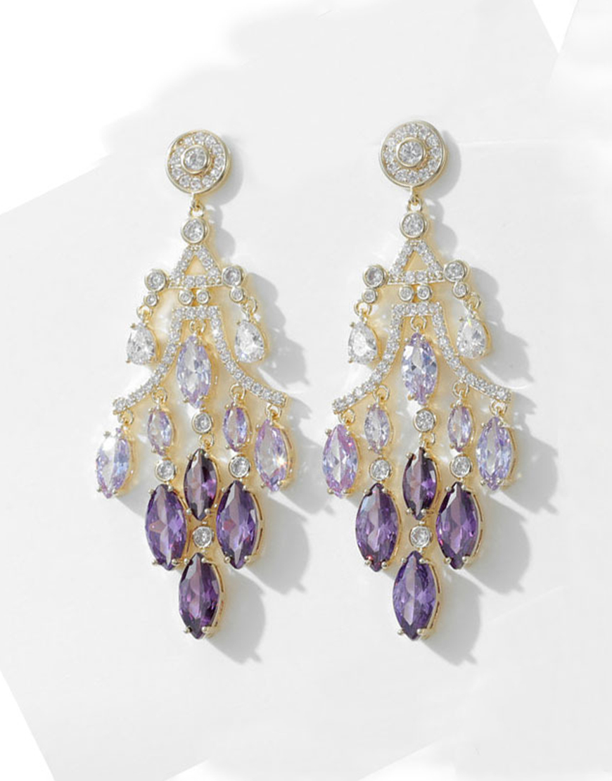 Sparkly Purple Leaf Shaped Drop Prom Earrings with Rhinestones