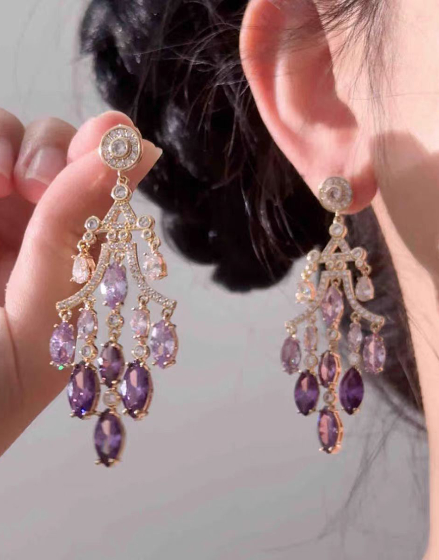 Sparkly Purple Leaf Shaped Drop Prom Earrings with Rhinestones