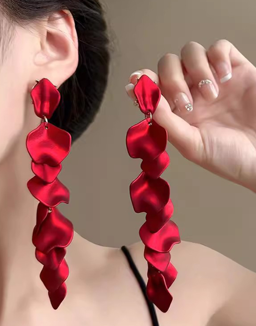Fashion Red Prom Petal Layered Drop Earrings