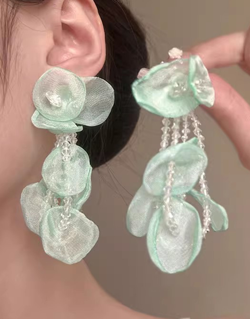 Sparkly Light Green Petal Layered Dropping Prom Earrings with Beading