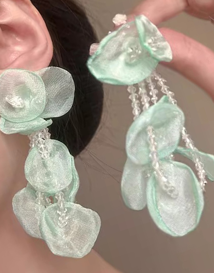 Sparkly Light Green Petal Layered Dropping Prom Earrings with Beading