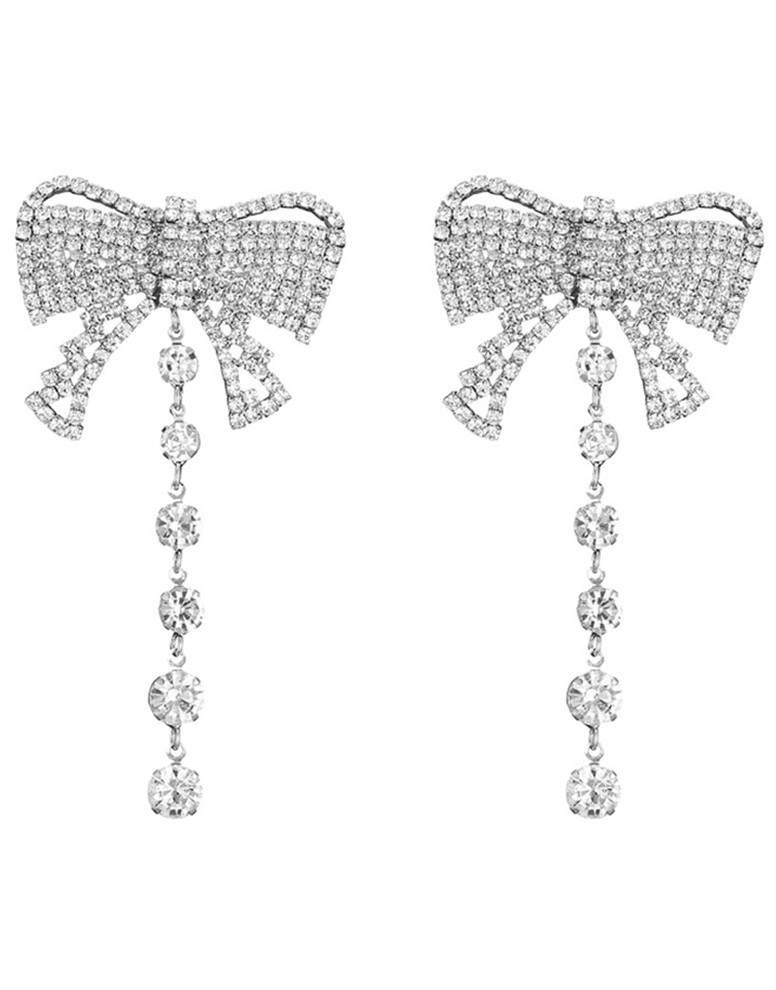 Sparkly Prom Drop Silver Bow Earrings with Rhinestones