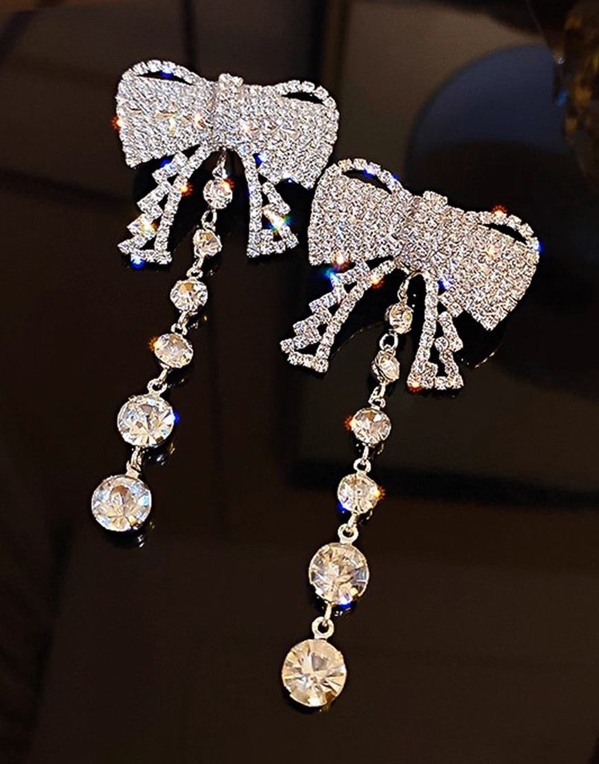 Sparkly Prom Drop Silver Bow Earrings with Rhinestones