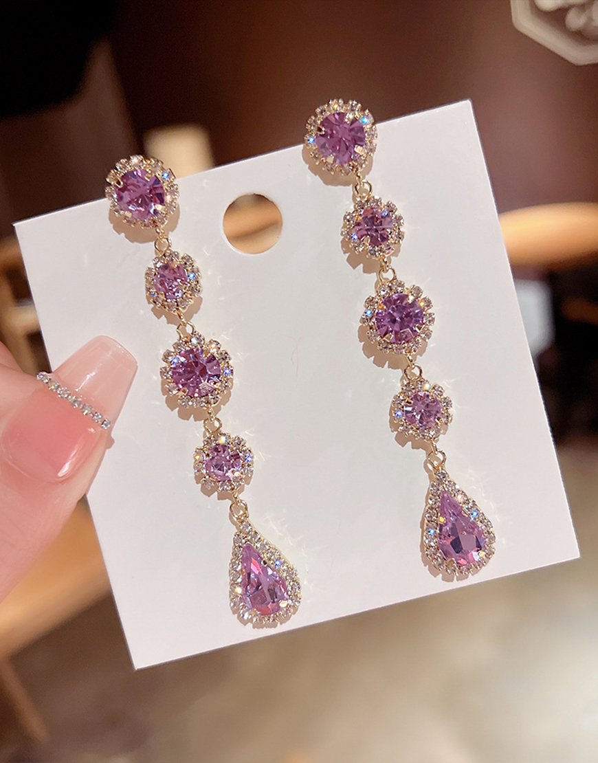 Sparkly Purple Prom Drop Long Earrings with Rhinestones