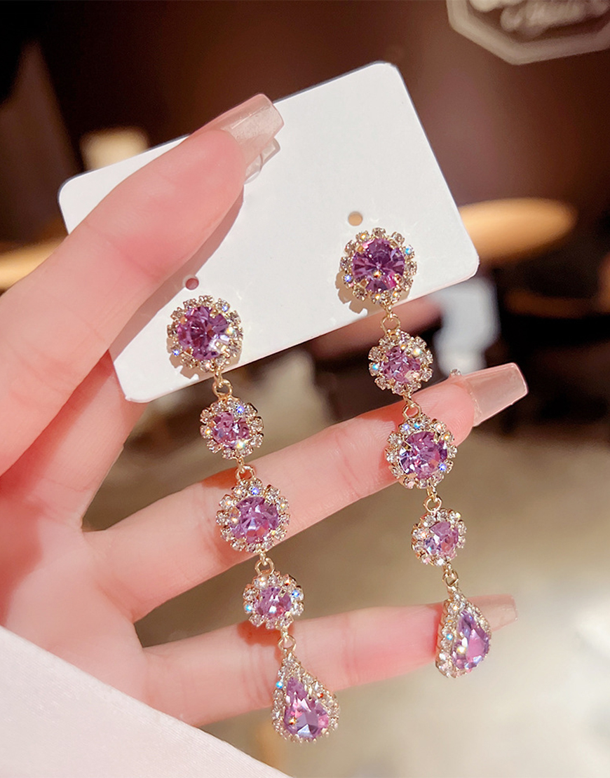 Sparkly Purple Prom Drop Long Earrings with Rhinestones