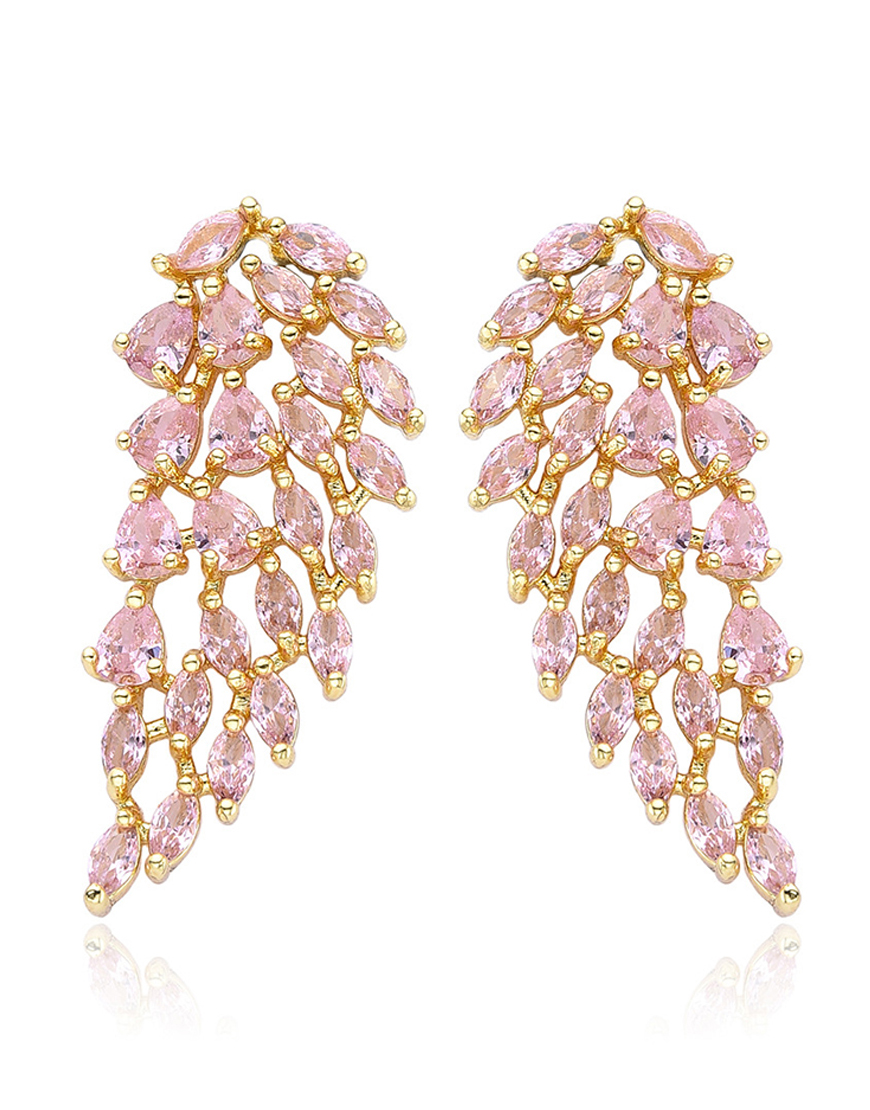 Sparkly Pink Prom Drop Leaf Shaped Earrings with Rhinestones
