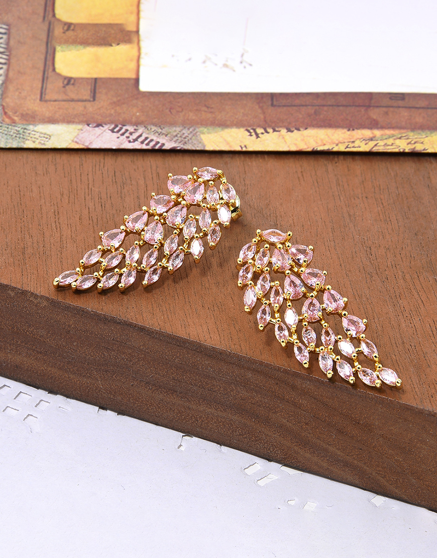 Sparkly Pink Prom Drop Leaf Shaped Earrings with Rhinestones