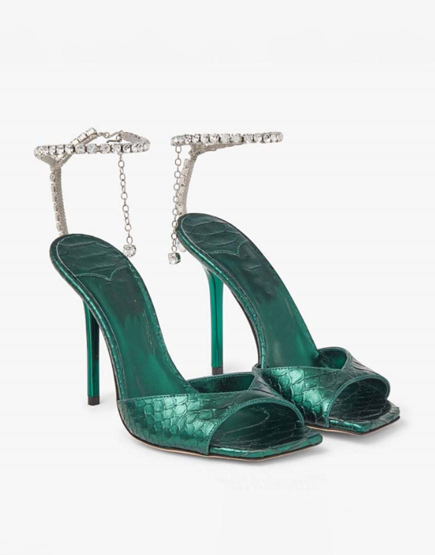 Sparkly Dark Green Stilettos Prom High Heels with Rhinestones