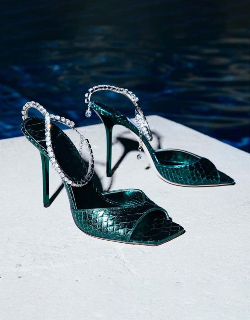 Sparkly Dark Green Stilettos Prom High Heels with Rhinestones