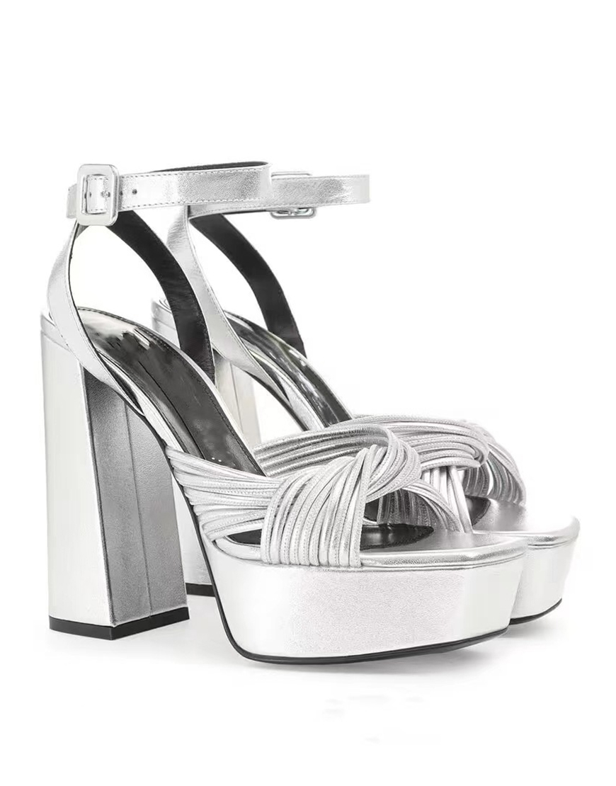 Silver Chunky Prom Open Toe High Heels
