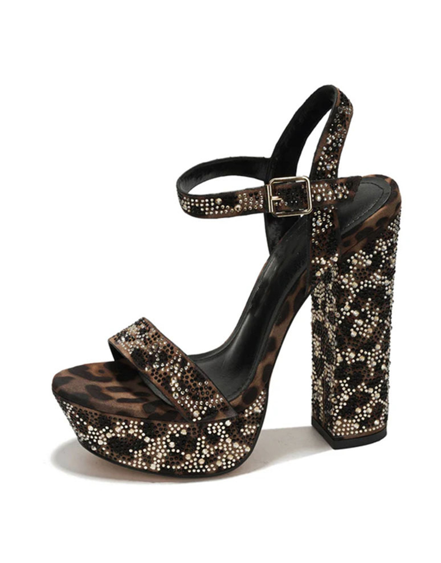 Sparkly Coffee Leopard Prom Print Chunky High Heels