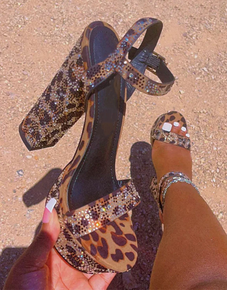 Sparkly Coffee Leopard Prom Print Chunky High Heels