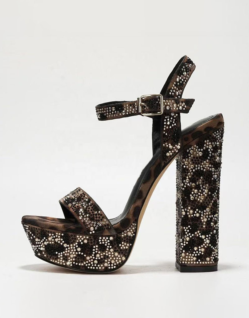Sparkly Coffee Leopard Prom Print Chunky High Heels