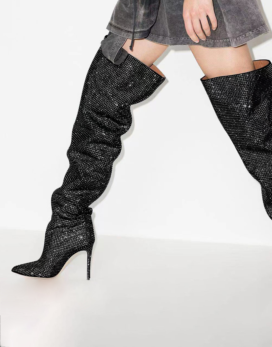 Sparkly Black Sequin Stilettos Prom Thigh Boots