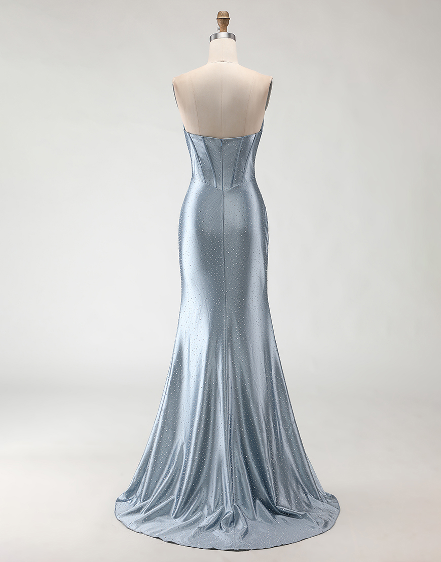 Sparkly Grey Blue Mermaid Corset Beaded Long Prom Dress with Slit