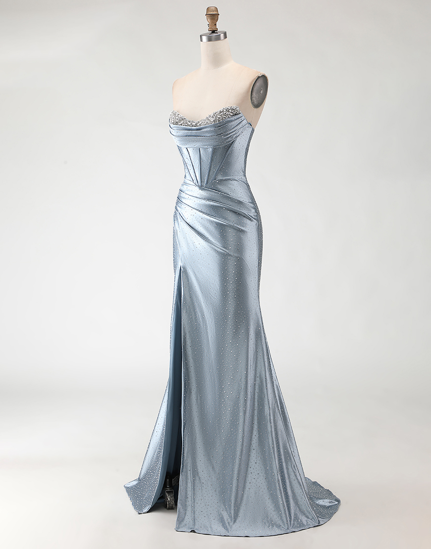 Sparkly Grey Blue Mermaid Corset Beaded Long Prom Dress with Slit