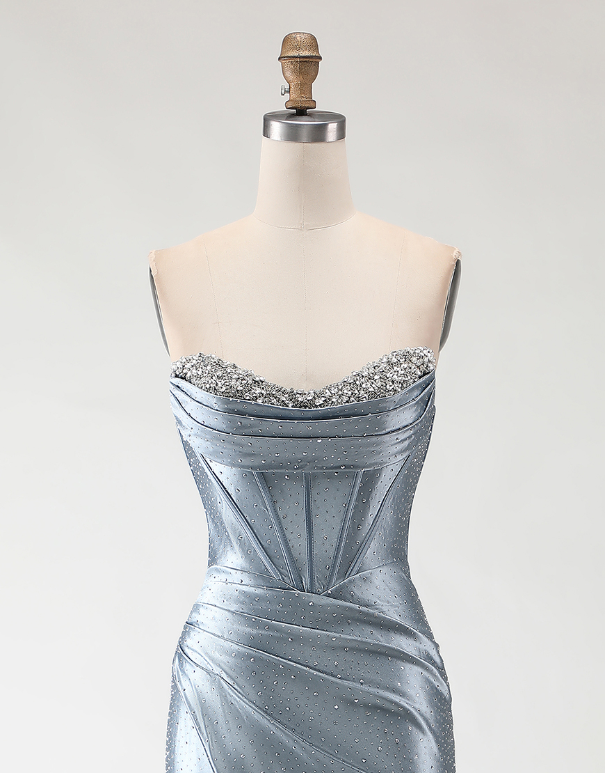 Sparkly Grey Blue Mermaid Corset Beaded Long Prom Dress with Slit