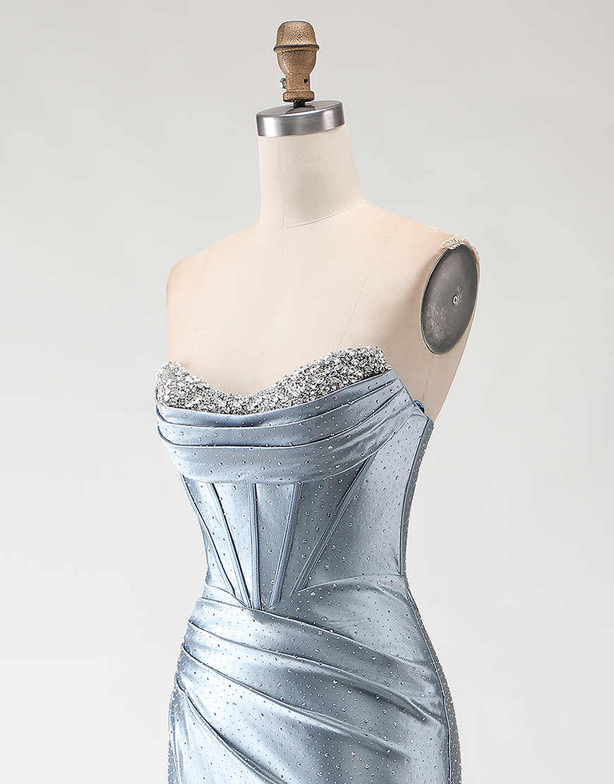 Sparkly Grey Blue Mermaid Corset Beaded Long Prom Dress with Slit