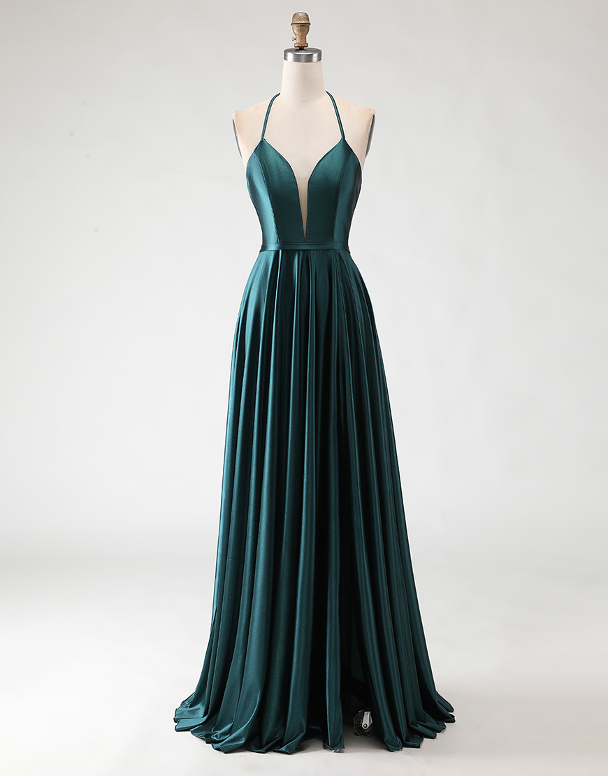 Sparkly Dark Green A Line Halter Neck Long Prom Dress with Slit