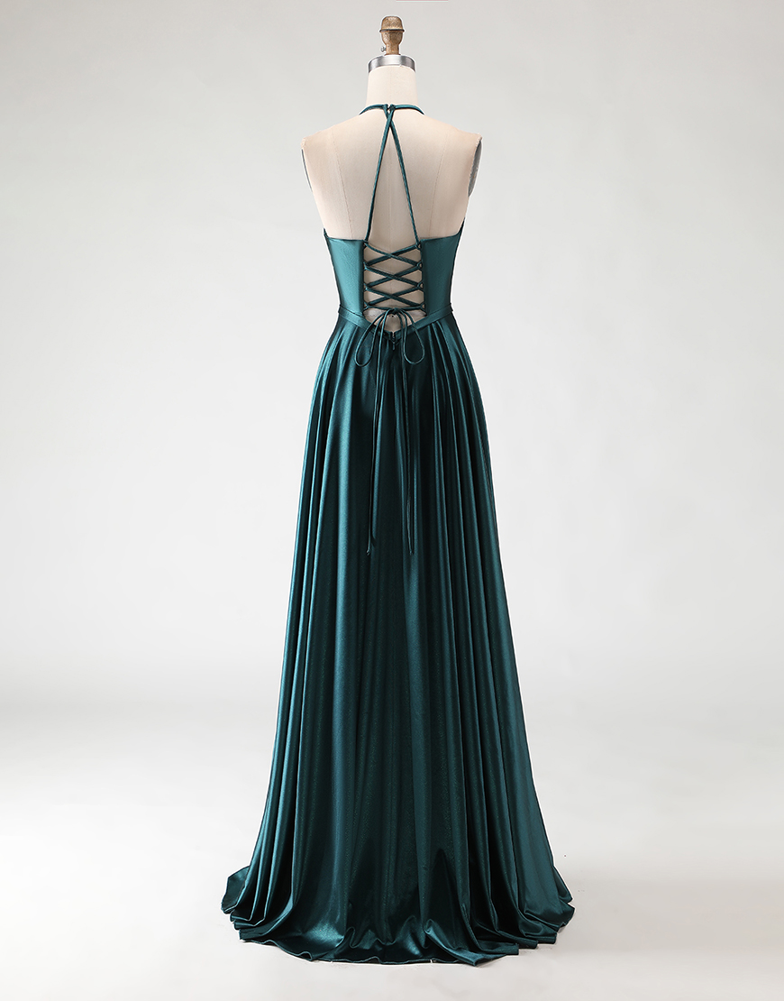Sparkly Dark Green A Line Halter Neck Long Prom Dress with Slit
