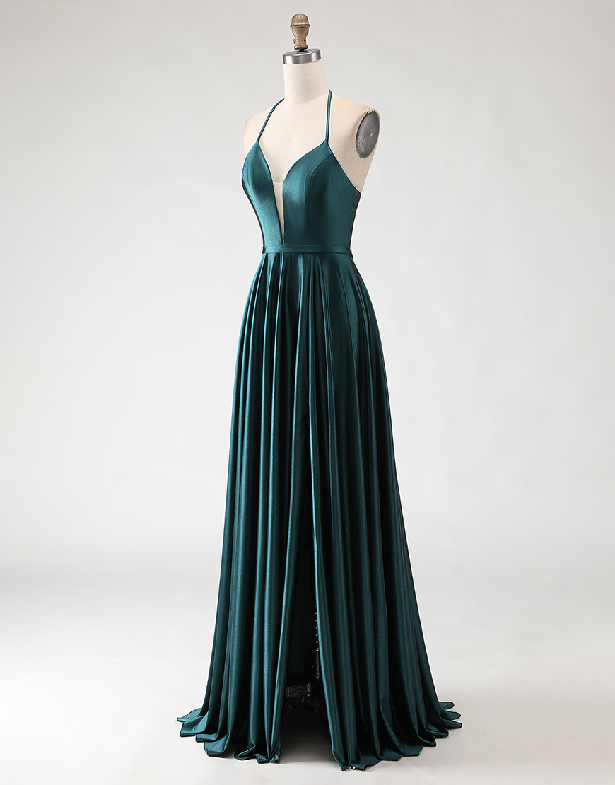 Sparkly Dark Green A Line Halter Neck Long Prom Dress with Slit