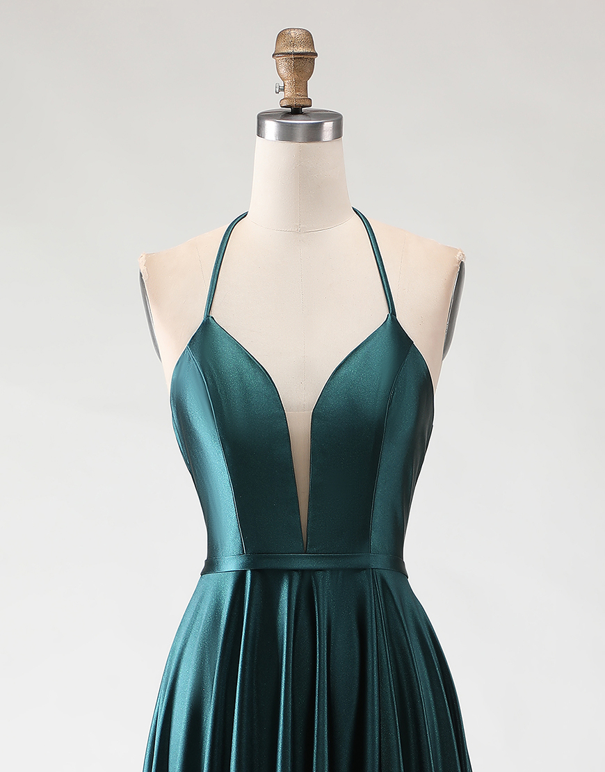 Sparkly Dark Green A Line Halter Neck Long Prom Dress with Slit