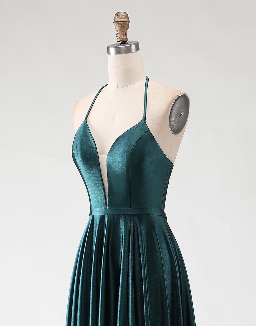 Sparkly Dark Green A Line Halter Neck Long Prom Dress with Slit