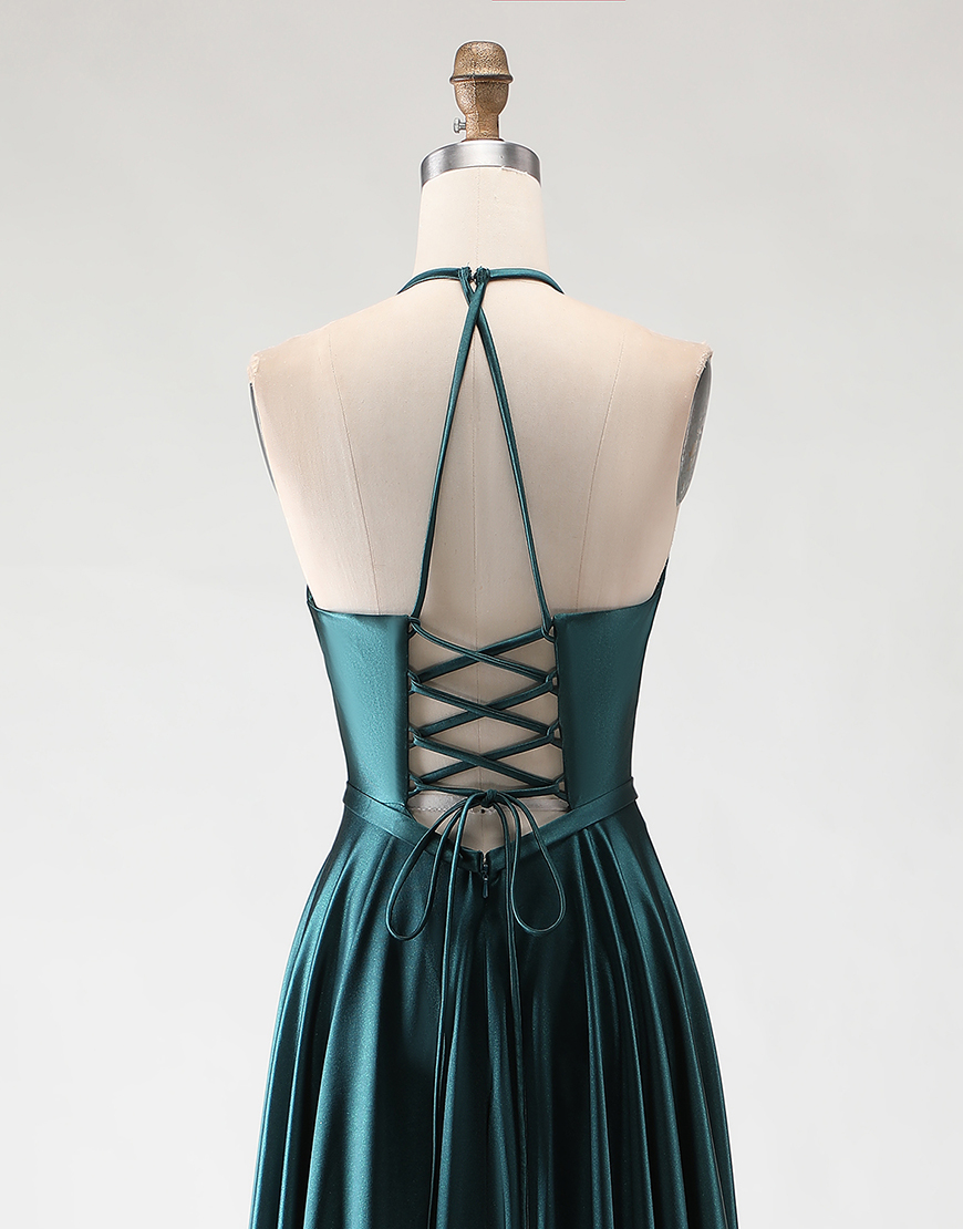 Sparkly Dark Green A Line Halter Neck Long Prom Dress with Slit