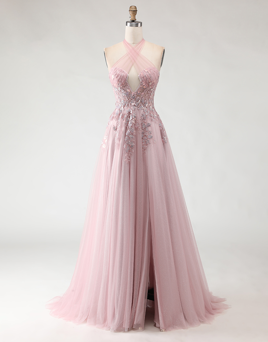 Sparkly Blush Pink Tulle Long A-Line Prom Dress with Appliques