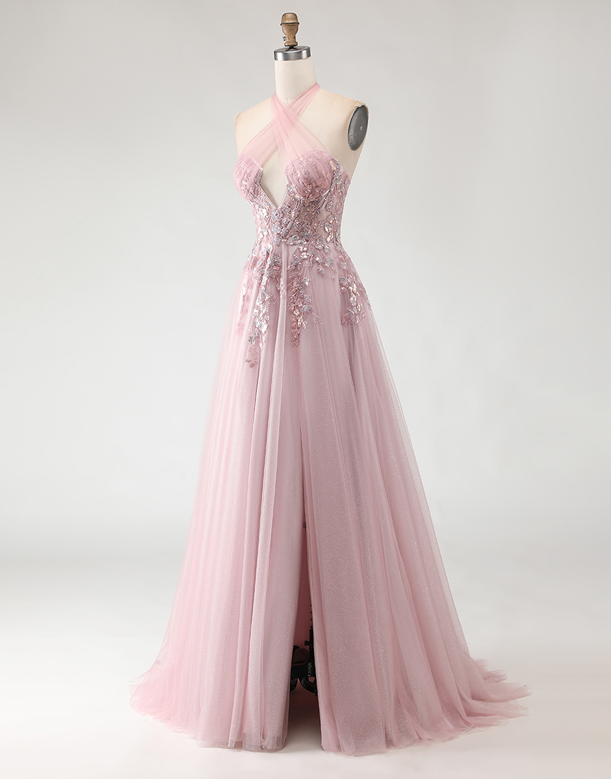 Sparkly Blush Pink Tulle Long A-Line Prom Dress with Appliques