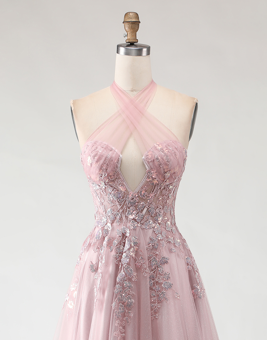 Sparkly Blush Pink Tulle Long A-Line Prom Dress with Appliques