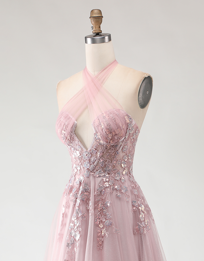 Sparkly Blush Pink Tulle Long A-Line Prom Dress with Appliques