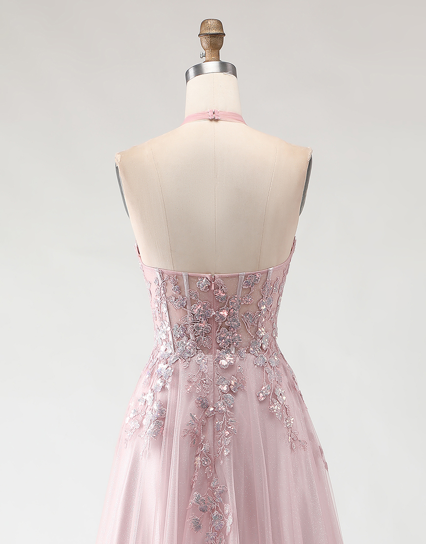 Sparkly Blush Pink Tulle Long A-Line Prom Dress with Appliques