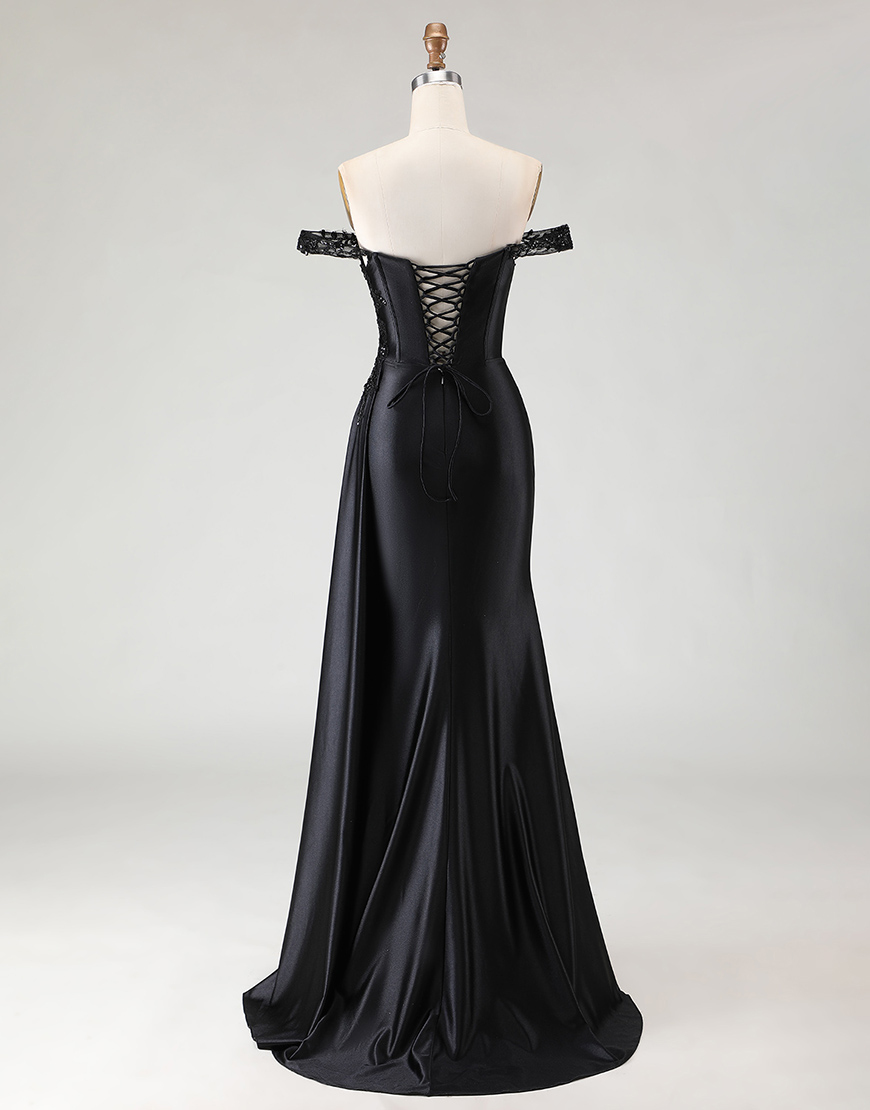 Sparkly Black Mermaid Off the Shoulder Long Prom Dress with Slit