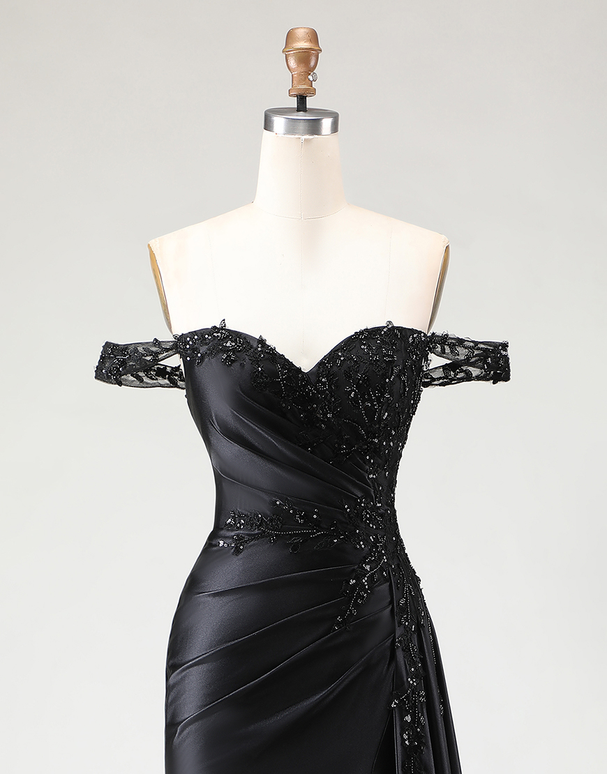 Sparkly Black Mermaid Off the Shoulder Long Prom Dress with Slit