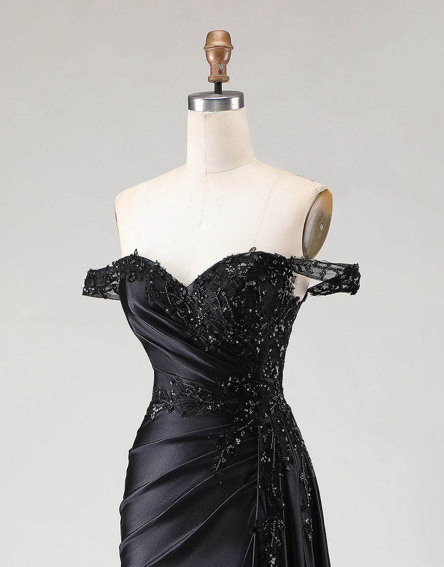 Sparkly Black Mermaid Off the Shoulder Long Prom Dress with Slit