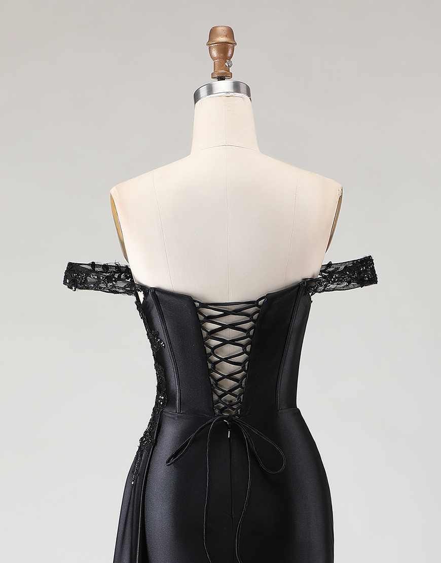 Sparkly Black Mermaid Off the Shoulder Long Prom Dress with Slit