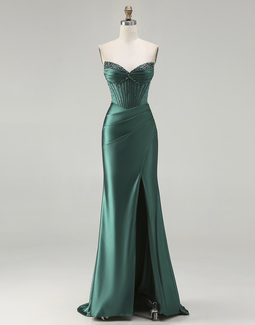 Sparkly Dark Green Mermaid Beaded Corset Long Prom Dress with Slit