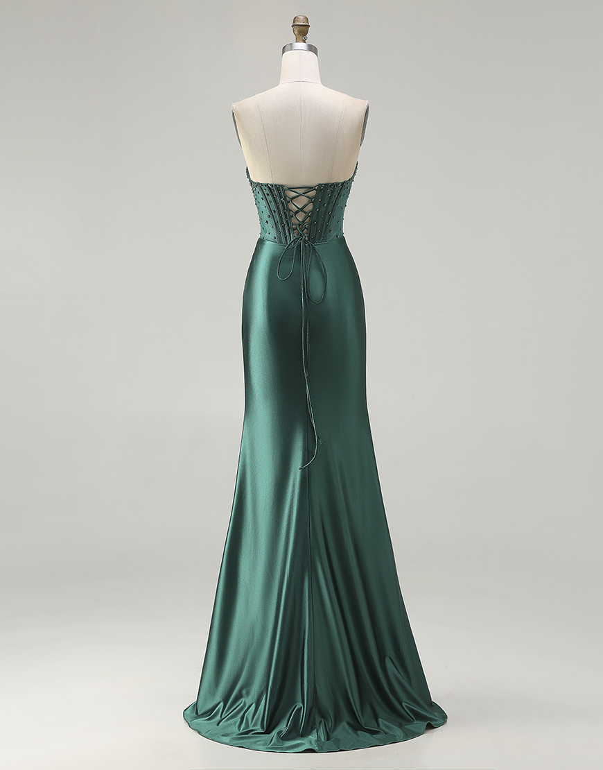 Sparkly Dark Green Mermaid Beaded Corset Long Prom Dress with Slit